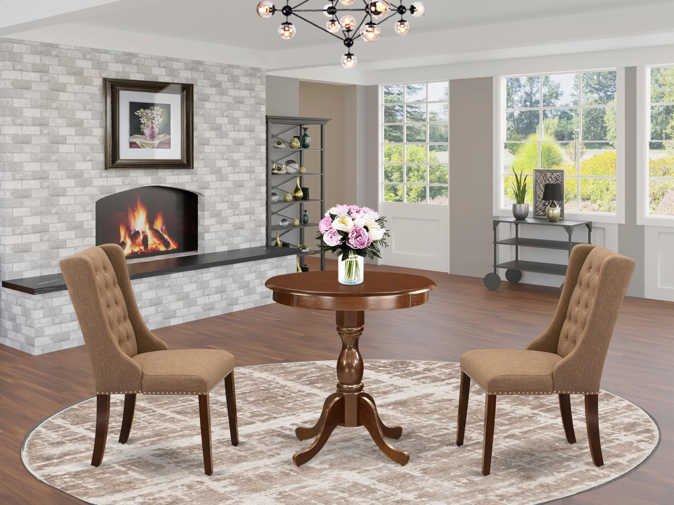 East West Furniture Esfo3-Mah-47 3 Piece Dining Table Set Contains A Round Dining Room Table With Pedestal And 2 Light Sable Linen Fabric Upholstered Chairs, 30X30 Inch, Mahogany